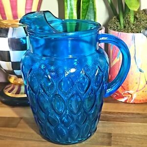 Anchor Hocking MADRID Laser Blue Pitcher 82 oz Ice Lip Diamond Textured …